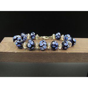 8" Sterling Silver Cool Blue Glass Orbs Bracelet Vintage Elegant Beautiful